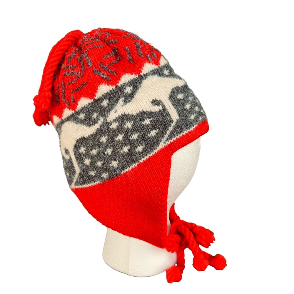 Vintage Handmade In USA Red Wool Knit Chullo Kangaroo Hat One Size